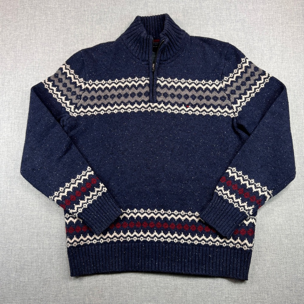 Tommy Hilfiger Fair Isle Quarter Zip Sweater Men L Blue Knit Preppy Apres Ski‎